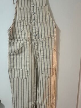 Pilot to Striped Canvas Overalls in Cream & Gray